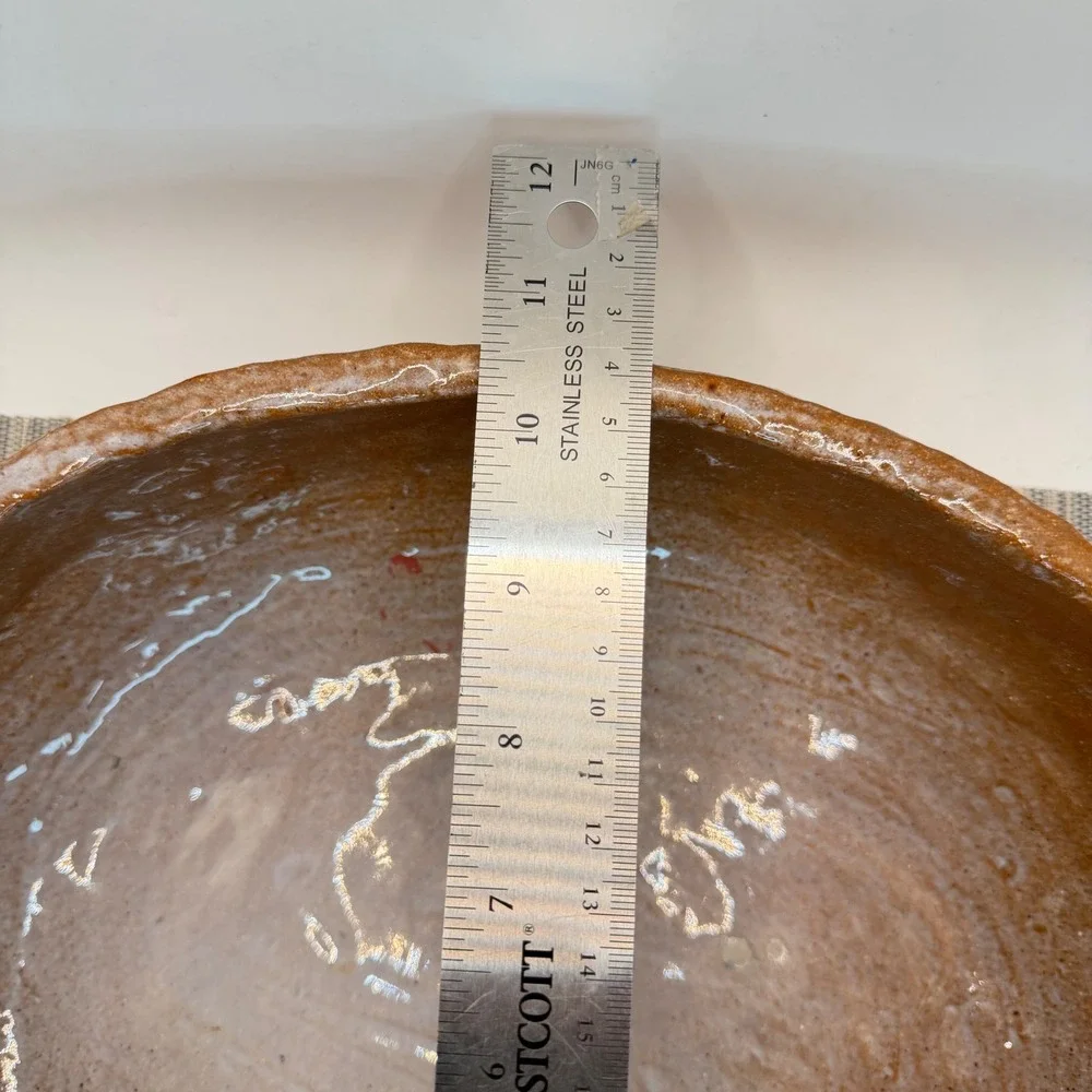 Signed Studio Pottery Terracotta Bowl Handcrafted Rustic Organic 12 inch Brown